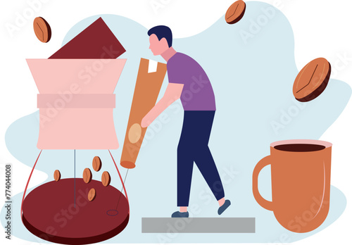 The boy is grinding coffee.