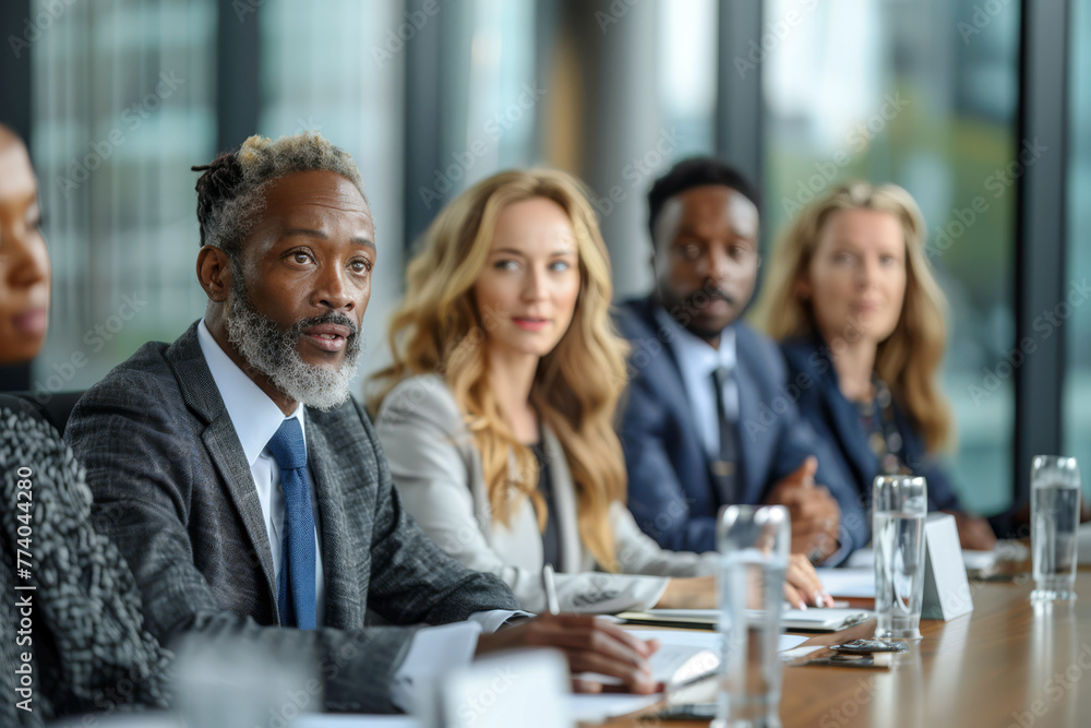 Fototapeta premium Diverse consortium of company executives discussing business strategy around the conference table. Corporate leadership, business and entrepreneurship concept