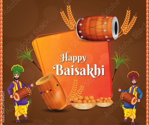 Illustration Of Happy Baisakhi Celebration In Panjab. Panjabi Man Dancing , Baisakhi vector illustration  design. photo