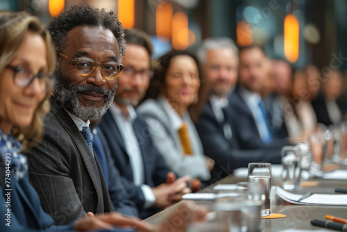 Diverse executives convening at conference table, discussing and crafting strategic decisions. Embracing business and entrepreneurial processes photo
