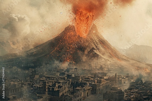 Volcanic Eruption Over Ancient City with Ash-filled Sky. Generative ai photo