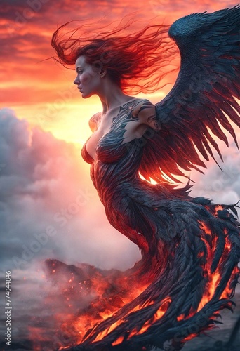The mythical Phoenix bird morphing into a woman; resilient, feminist, emerging stronger from the ashes. She will overcome adversity, renew, and transform. The instinct of a Mother, exemplified.