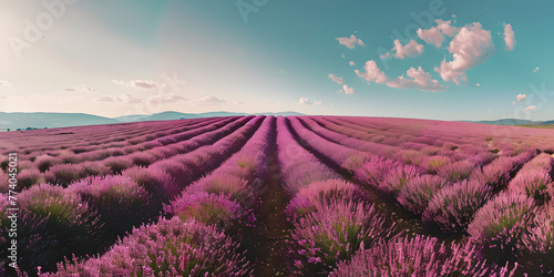 Scenic view of a sunlit lavender field stretching into the distance