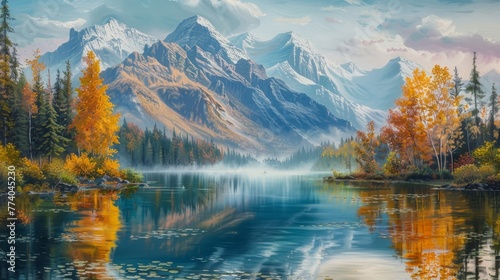 Imagine an oil painting of autumn on a canvas: a mountain lake with mountains in the background © Zaleman