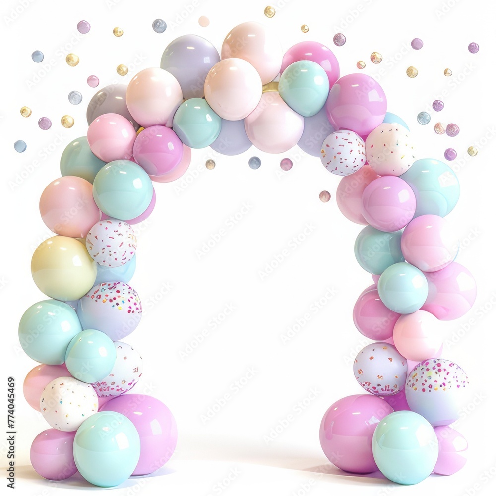 Party balloon arch in a birthday party theme with pastel colors on a white background.