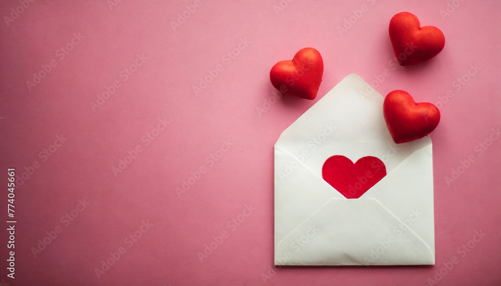 Envelope with love letter and hearts on pink background, symbolizing affection and communication, ideal for romantic concepts
