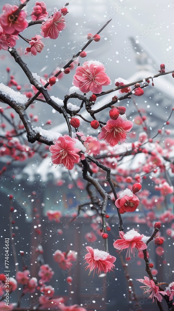 Colorful plum blossoms blooming in the snow. ai generated