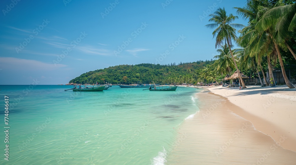 Naklejka premium Serene Tropical Beach with Clear Water and Lush Green Palm Trees under a Sunny Blue Sky