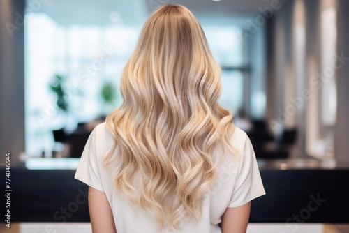 Woman With Airtouch Blonde Balayage in a Beauty Salon, Back View photo