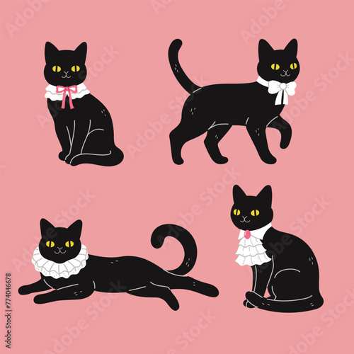 Slika na platnu Set of cute black cats in luxurious white collars