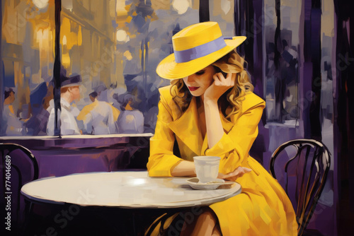 Fototapeta Naklejka Na Ścianę i Meble -  Woman in yellow clothes and hat in a purple Parisian cafe