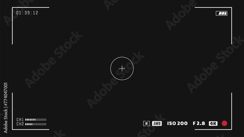 Video camera viewfinder overlay. 16:9 full hd format of frame template. Camera frame vector template. White lines and text, rec icon with timing on black background.
