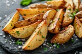 Golden crispy potato wedges arranged on a dark slate platter, sprinkled with sea salt and fresh herbs