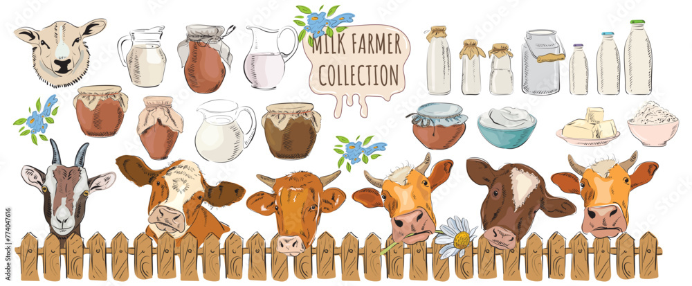 Set of dairy farm products and elements: bottle, jug, cottage cheese, milk, jug, fence, goat, can, butter. Natural products for health. Milk farm. Vector collection of healthy products. Set of dairy farm products and elements: bottle, jug, cottage cheese, milk, jug, fence, goat, can, butter. Natural products for health. Milk farm. Vector collection of healthy products.