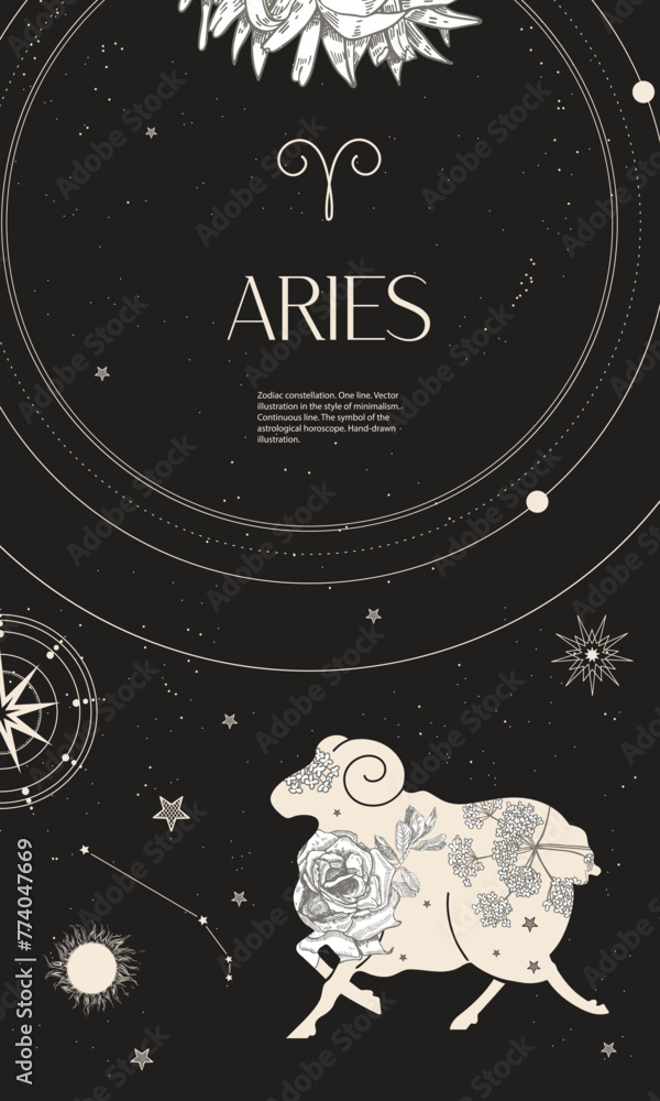 Zodiac constellation Aries. Black background with constellations, sun, moon, stars and floral elements.