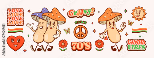 Groovy Mushrooms Retro Character Illustrations Set. Cartoon Friends Walking Smiling Vector Logo Mascot Templates Collection. Happy Vintage Cool Psychedelic Peace and Love Rubberhose Style Drawings