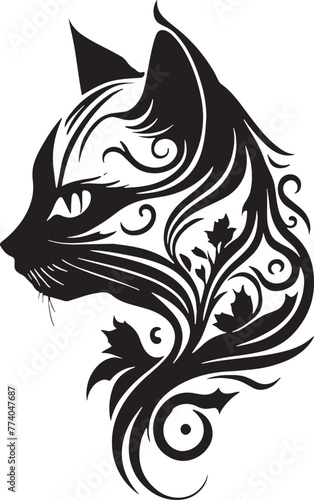 Elegant black and white illustration of a cat with swirling floral motifs