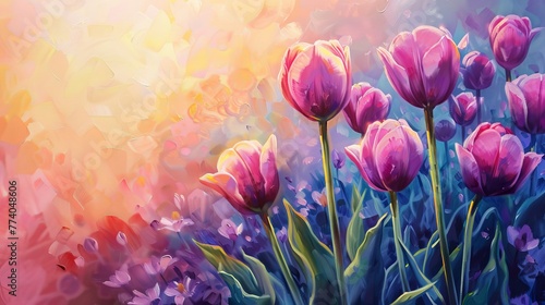 Impressionism art with tulips set against a beautiful sunrise background