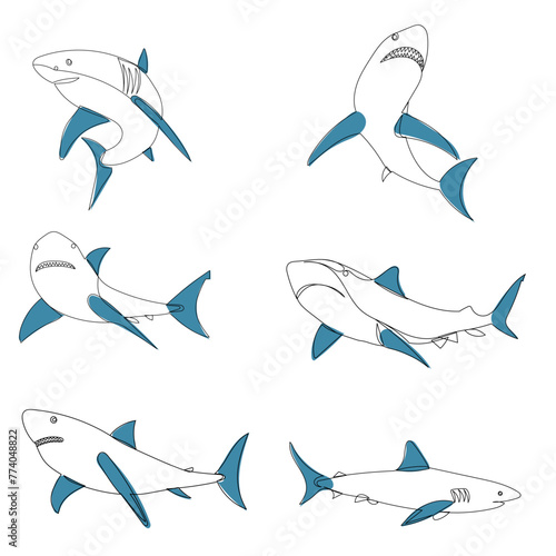 set of shark swimming sketch on white background vector