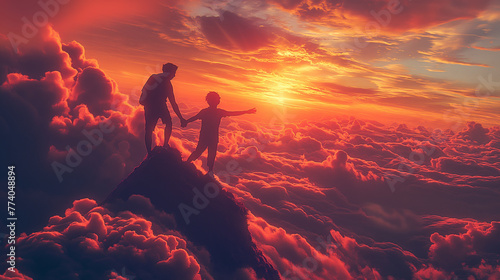 Dreamy scene with parent presenting the world to his child