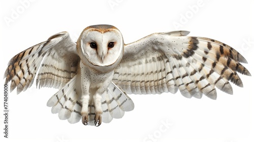 An aerial view of a barn owl, Tyto alba, 4 months old, flying against a white background.
