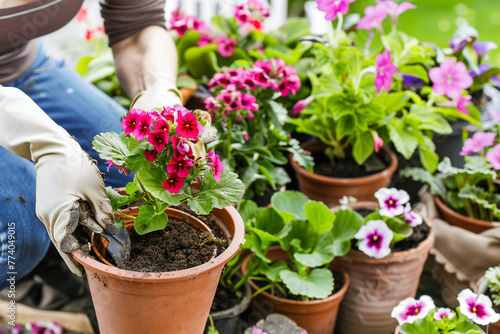 A woman transplants flowering plants in her home garden. Spring flower gardening