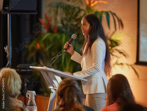 A wellness coach delivering a motivational keynote speech at a corporate event
