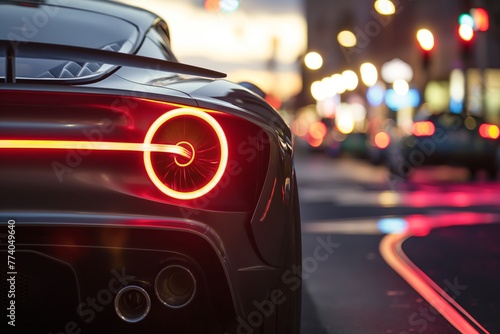Close-up of luxury cars vibrant tail lights with blurred city lights background.