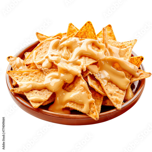 Corn chips nachos with melted cheese, isolated on white background