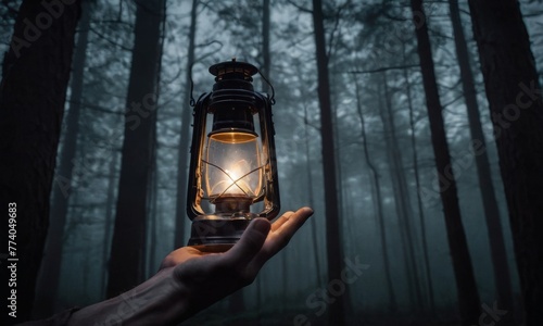 A delicate hand gracefully balances a lantern, its warm glow cutting through the ethereal mist of a dark, dense forest. The image captures a moment of quietude and the allure of the unknown. AI photo