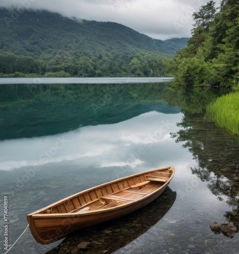 Dawn's soft light bathes a still lake and a lone rowboat in tranquility, with fresh greenery edging the water. The mirrored hills and sky in the lake surface evoke a perfect symphony of nature. AI