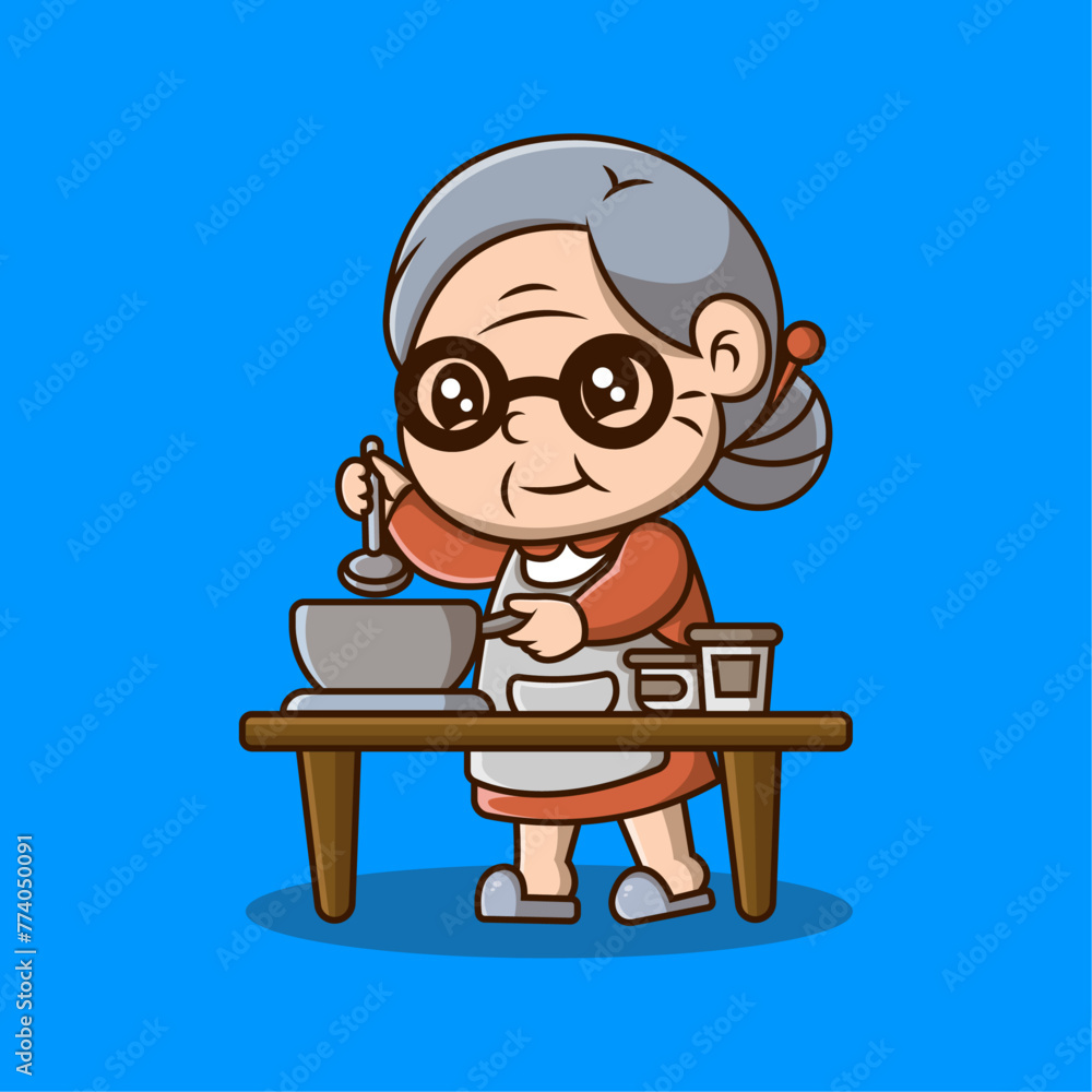 Cute grandmother cooking cartoon icon illustration. flat icon concept