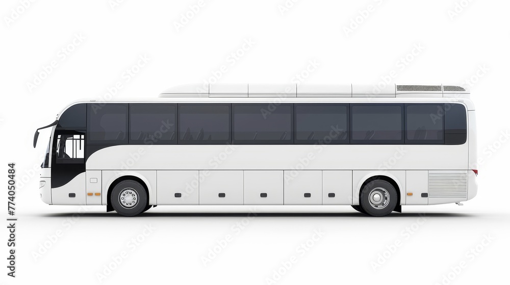 Isolated on a white background, a big white tour bus