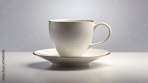 A classic coffee cup stands elegantly  isolated against a pristine white background. The cup is meticulously detailed  with subtle reflections and shadows adding to its realism. The ceramic surface of