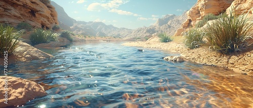 Random desert oasis, closeup, photorealistic quality, shimmering water, vibrant under sunlight ,3DCG,high resulution