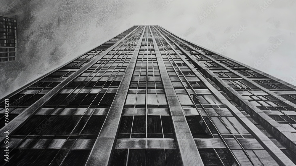 Fototapeta premium Charcoal pencil drawing, skyscraper, architecture style , grey background, copy and text space, 16:9