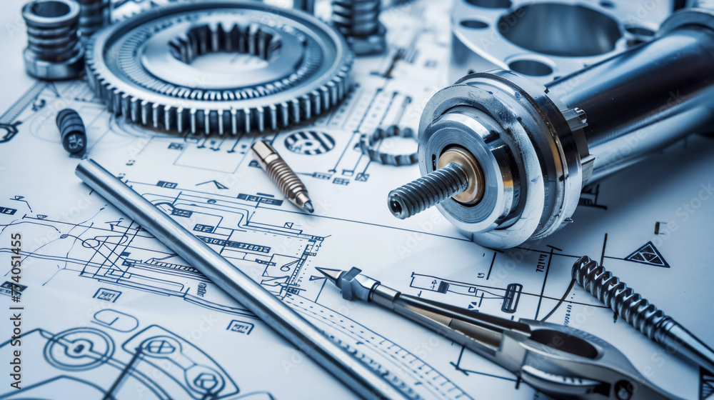 Civil engineering design a blueprint building, nuts and screws on table Civil engineering design a blueprint building, nuts and screws on table