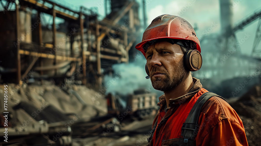 A construction worker in a red hardhat works on a building site A construction worker in a red hardhat works on a building site