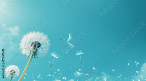 Dandelion / pusteblume seeds blowing in the wind, blurry blue sky background, copy and text space, 16:9