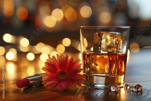 A glass of whiskey is on the table, flower and lipstick. Blurred background © Marat