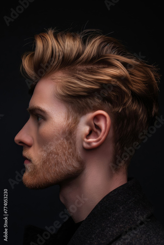 Profile view of a young man sporting a textured quiff haircut against a dark background