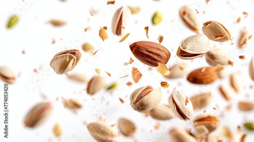Fresh raw roasted pistachios, almonds, and hazelnuts in the air isolated on a white background. Concept of torn to pieces pistachios, almonds and hazelnuts.