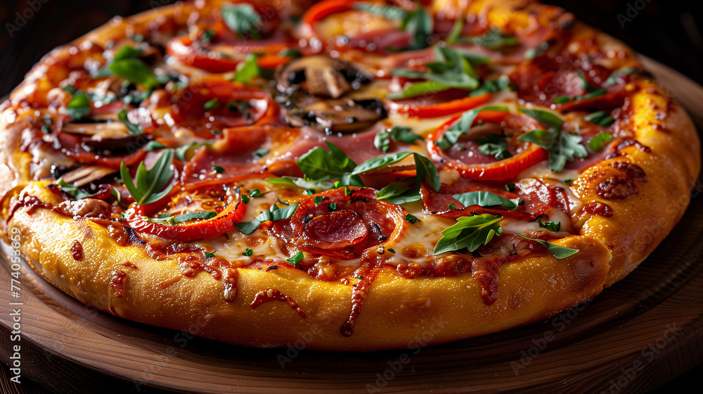 Delicious pepperoni pizza with melted cheese, bell peppers, olives, and fresh basil on a wooden board. Delicious pepperoni pizza with melted cheese, bell peppers, olives, and fresh basil on a wooden board.