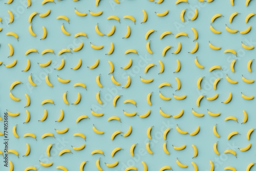 Many bananas on cadet blue background. Top flat view, disorder and grid, diagonal. 3d render, illustration photo