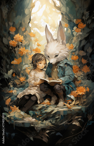 Acrylic Fantasy Painting of Girl and Fox