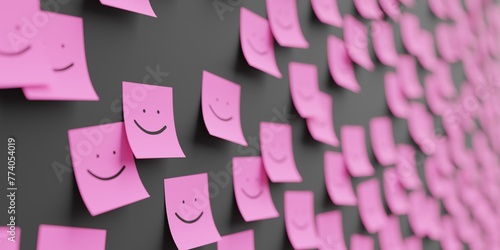 Many pink stickers on black board background with happy smile symbol drawn on them. Closeup view with narrow depth of field and selective focus. 3d render  Illustration
