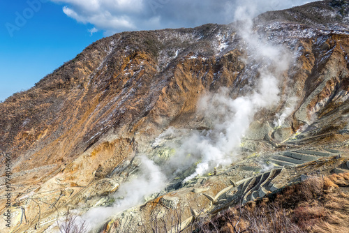Active sulphur vents at   wakudani volcanic valley in Hakone  Kanagawa Prefecture  Japan. Steaming sulfur field and industrial sulfur mining near Mount Fuji.