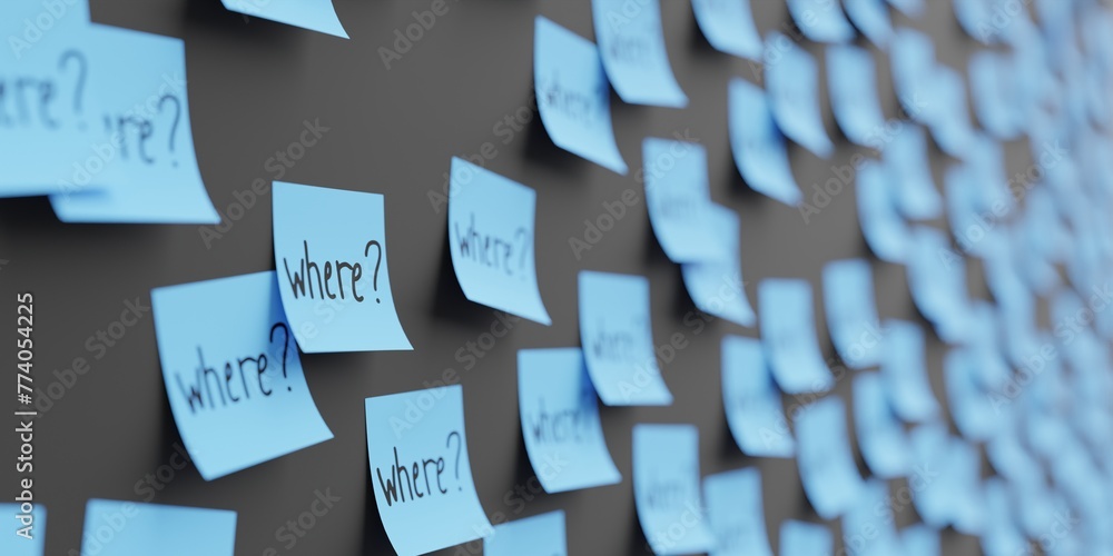Many blue stickers on black board background with question where? symbol drawn on them. Closeup view with narrow depth of field and selective focus. 3d render, Illustration - obrazy, fototapety, plakaty 