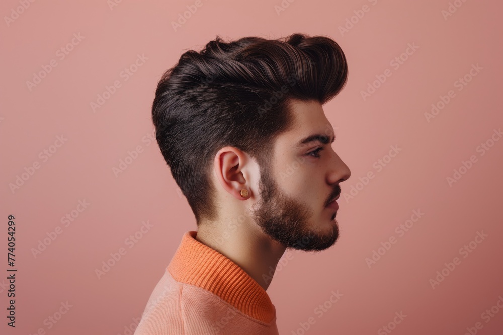 Profile view of a young man sporting a sleek pompadour haircut against a pastel background Profile view of a young man sporting a sleek pompadour haircut against a pastel background
