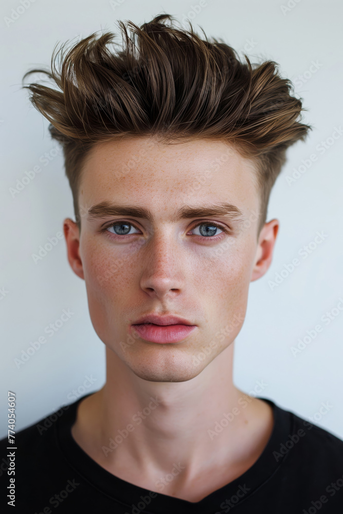 Fototapeta premium Trendy and stylish modern man with a sharp quiff hairstyle, exuding confidence and elegance, in a close-up portrait showcasing the latest fashion and grooming trends